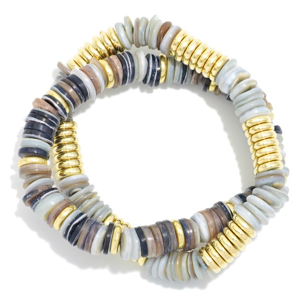 Set Of Two Beaded Stretch Bracelets Featuring Flatted Beads & Disc Metal Tone Beads 

- Approximately 3" D