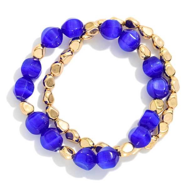 Set Of Two Beaded Stretch Bracelet Featuring Metal Tones & Glass Beads 

- Approximately 3" D 