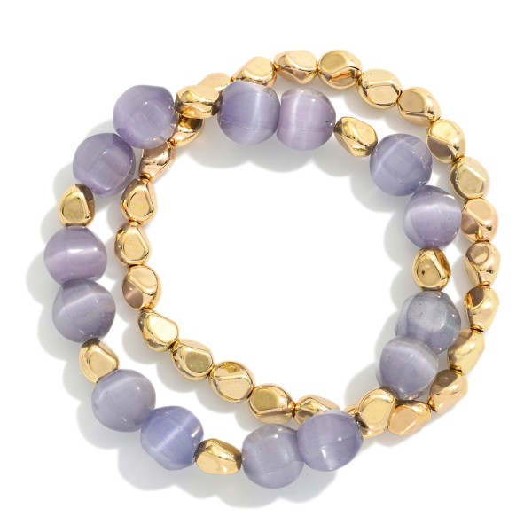 Set Of Two Beaded Stretch Bracelet Featuring Metal Tones & Glass Beads 
- Approximately 3" D