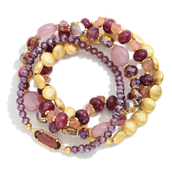 Set Of Four Beaded Stretch Bracelets Featuring Gold Tones, Stone, & Glass Crystal 

- Approximately 3" D 