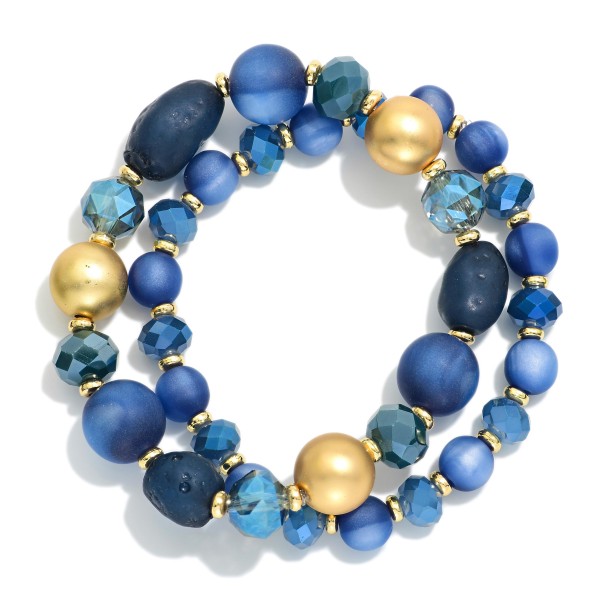 Set Of Two Beaded Stretch Bracelets Featuring Stone, Metal Tones, & Faceted Beads 

- Approximately 3" D