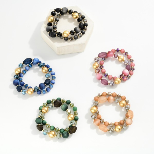 Set Of Two Beaded Stretch Bracelets Featuring Stone, Metal Tones, & Faceted Beads 

- Approximately 3" D