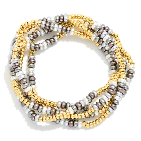 Set Of Five Beaded Stretch Bracelet Featuring Metal Tones & Pearls 

- Approximately 3.5" D 