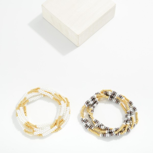 Set Of Five Beaded Stretch Bracelet Featuring Metal Tones & Pearls 

- Approximately 3.5" D 