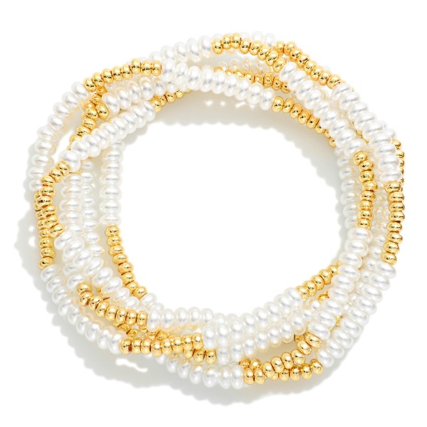 Set Of Five Beaded Stretch Bracelet Featuring Metal Tones & Pearls 

- Approximately 3.5" D 