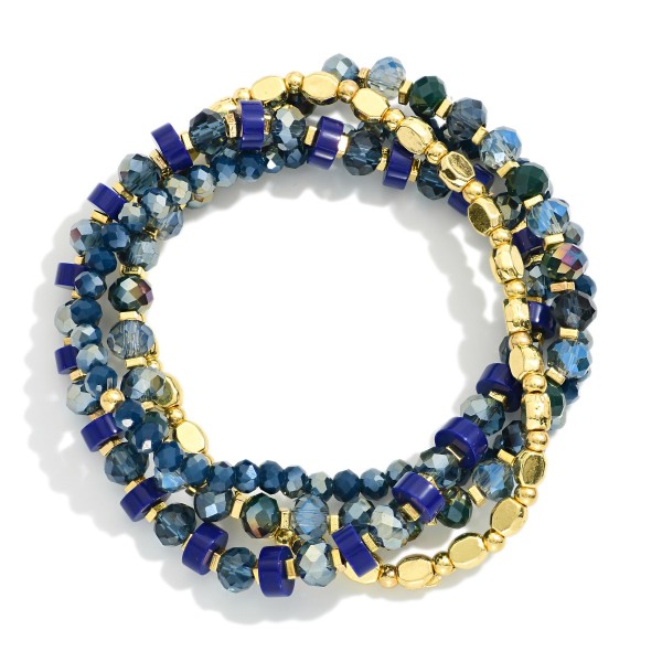 Set Of Four Beaded Stretch Bracelets Featuring Faceted Beads, Disks, & Metal Tones

- Approximately 3.25" D