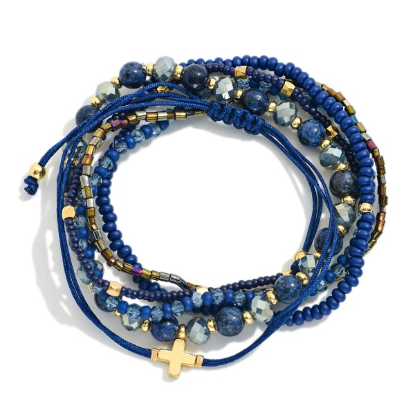 Set Of Six Stackable Bracelets Featuring Rope Plus Cross Bracelet, Heishi Beads, & Faceted Beads 

- Approximately 2.5" D