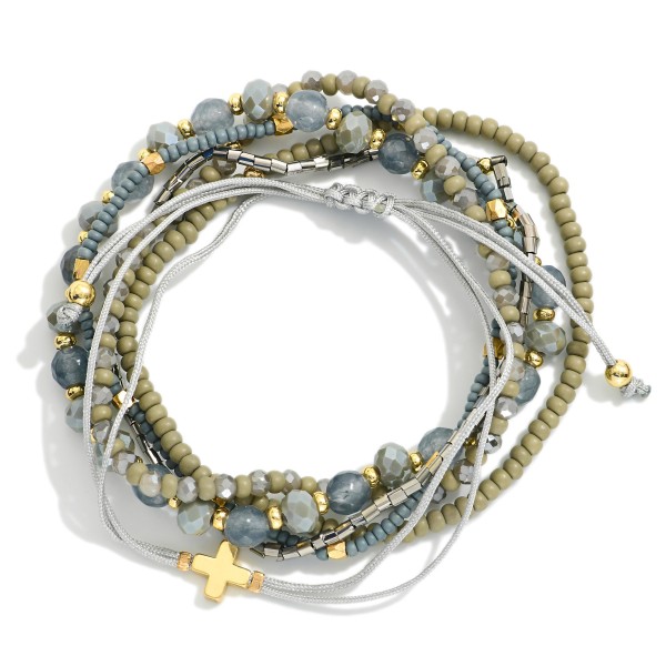 Set Of Six Stackable Bracelets Featuring Rope Plus Cross Bracelet, Heishi Beads, & Faceted Beads 

- Approximately 2.5" D
