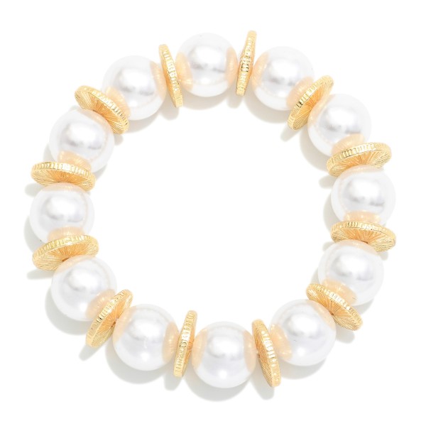 Pearl Beaded Stretch Bracelet Featuring Gold Tones 

- Approximately 3.75