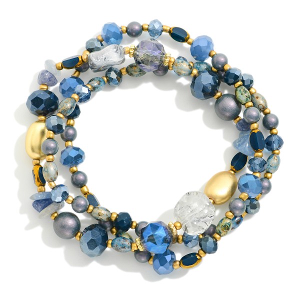 Set Of Three Beaded Bracelets Featuring Stone, Metal Tones, & Faceted Beads 

- Approximately 2.5" D