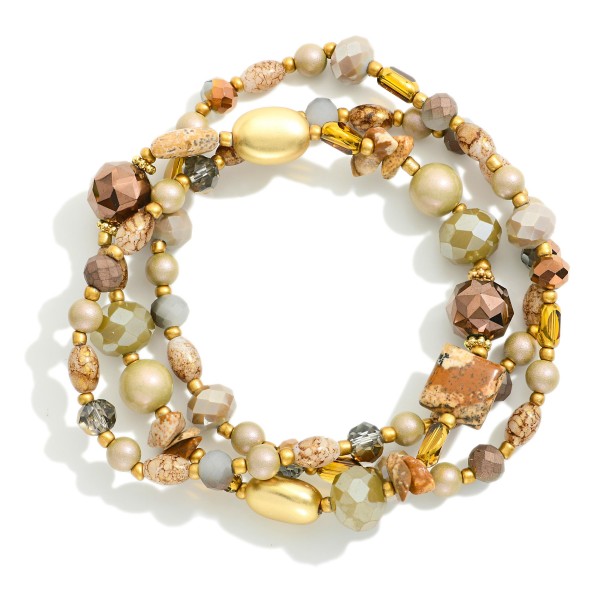 Set Of Three Beaded Bracelets Featuring Stone, Metal Tones, & Faceted Beads 

- Approximately 2.5" D