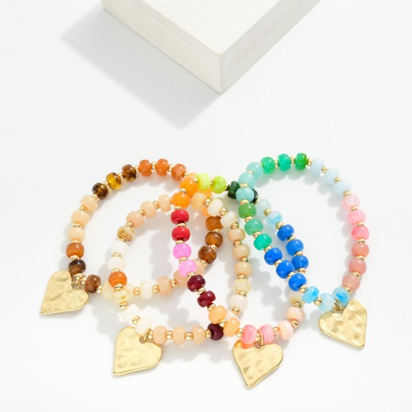 Candy Stone Beaded Bracelet Featuring Hammered Metal Heart Pendant 

- Approximately 2.5" D
