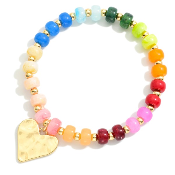 Candy Stone Beaded Bracelet Featuring Hammered Metal Heart Pendant 

- Approximately 2.5" D
