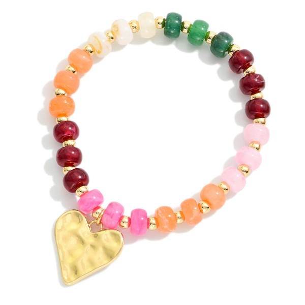 Candy Stone Beaded Bracelet Featuring Hammered Metal Heart Pendant 

- Approximately 2.5" D
