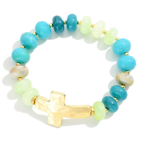 Marbled Rainbow Bead Stretch Bracelet Featuring Metal Tone East West Cross 

- Approximately 2.75" D