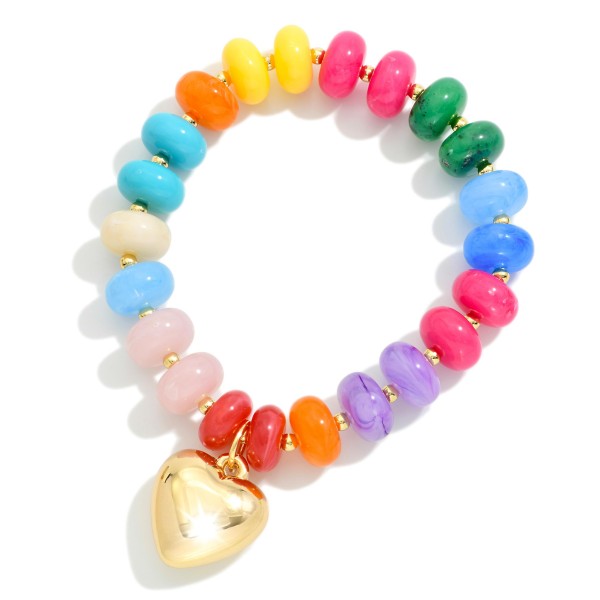 Rainbow Marbled Stone Bead Stretch Bracelet Featuring Metal Tone Puffy Heart 

- Approximately 3" D