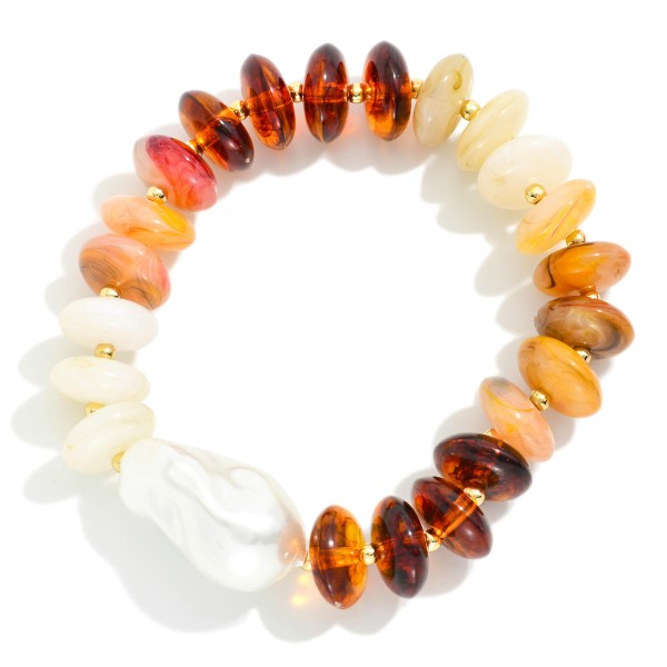 Marbled Rainbow Disk Bead Stretch Bracelet Featuring Baroque Pearl 

- Approximately 3" D