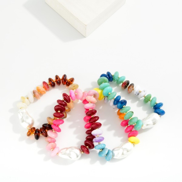 Marbled Rainbow Disk Bead Stretch Bracelet Featuring Baroque Pearl 

- Approximately 3" D