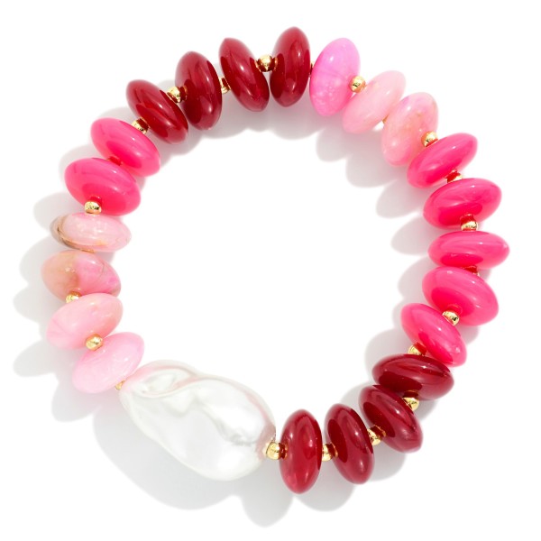 Marbled Rainbow Disk Bead Stretch Bracelet Featuring Baroque Pearl 

- Approximately 3" D