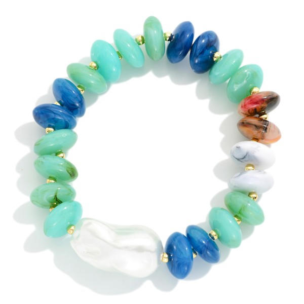 Marbled Rainbow Disk Bead Stretch Bracelet Featuring Baroque Pearl 

- Approximately 3" D
