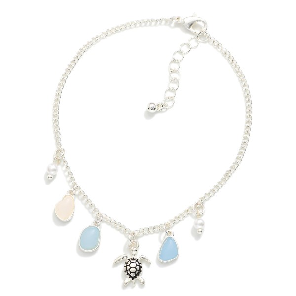 Chain Link Anklet Featuring Stones, Pearls, & Turtle Charms 

- Approximately 4" D
