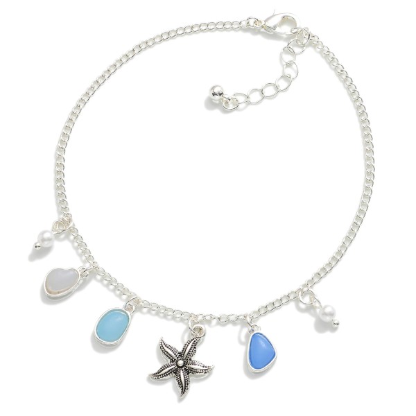 Chain Link Anklet Featuring Acetate, Pearls & Starfish Charm 

- Approximately 4" D
- Extender 2" L 