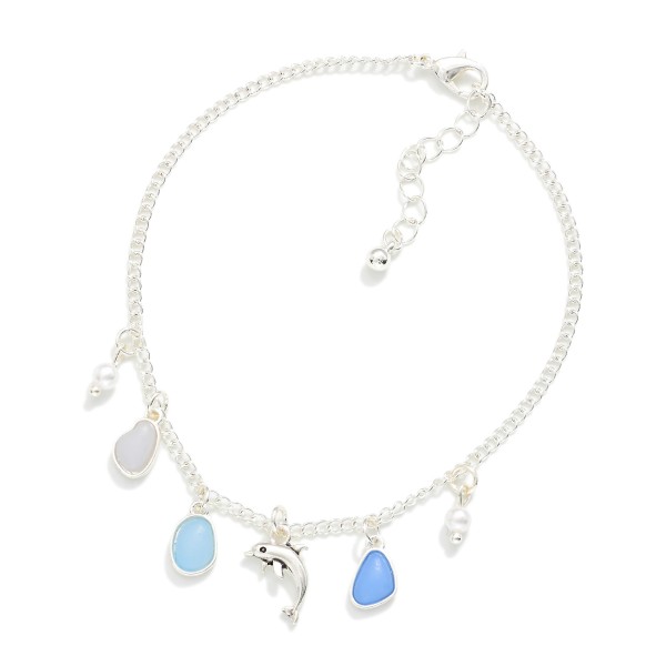 Chain Link Anklet Featuring Stones, Pearls, & Dolphin Charms 

- Approximately 4" D