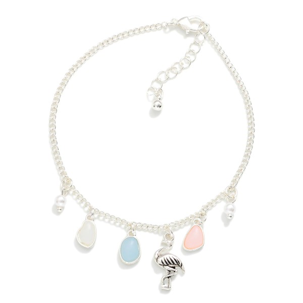 Chain Link Anklet Featuring Stone, Pearl, & Flamingo Charms 

- Approximately 4" D