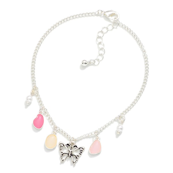 Chain Link Anklet Featuring Stones, Pearls, & Butterfly Charms 

- Approximately 4" D