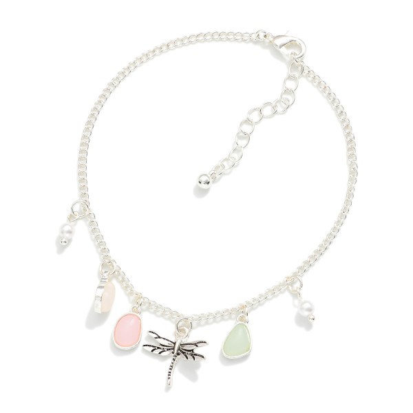 Chain Link Anklet Featuring Dragonfly, Stone, & Pearl Charms 

- Approximately .4" D