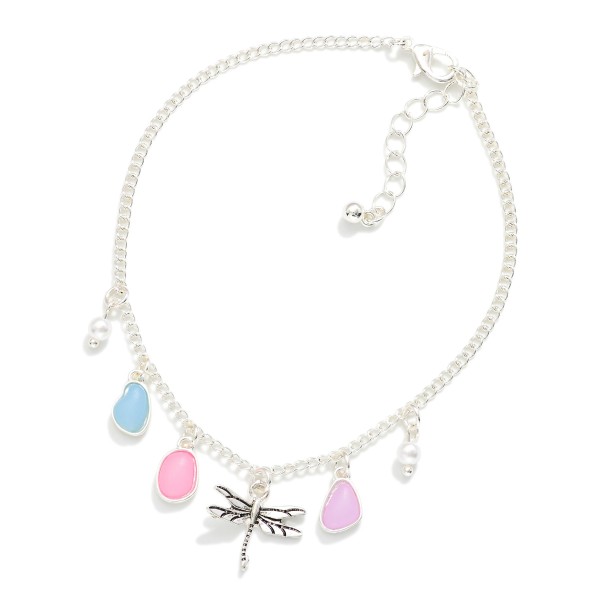 Chain Link Anklet Featuring Dragonfly, Stone, & Pearl Charms 

- Approximately .4" D