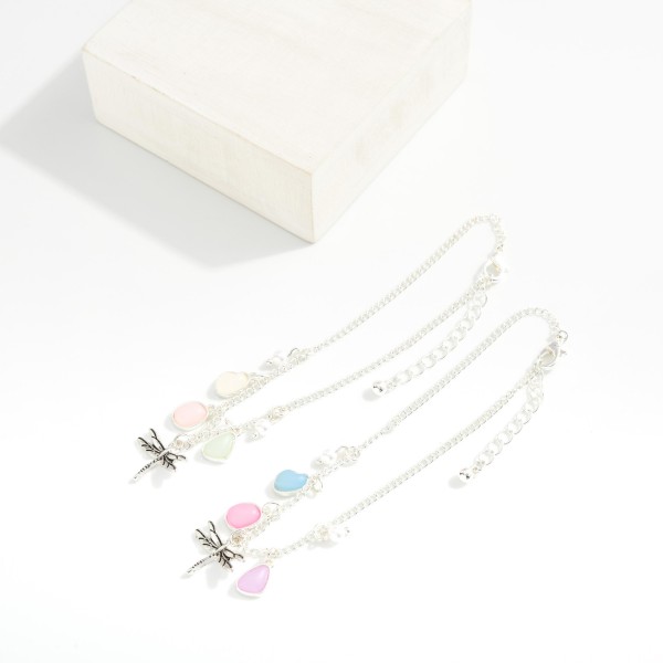 Chain Link Anklet Featuring Dragonfly, Stone, & Pearl Charms 

- Approximately .4" D