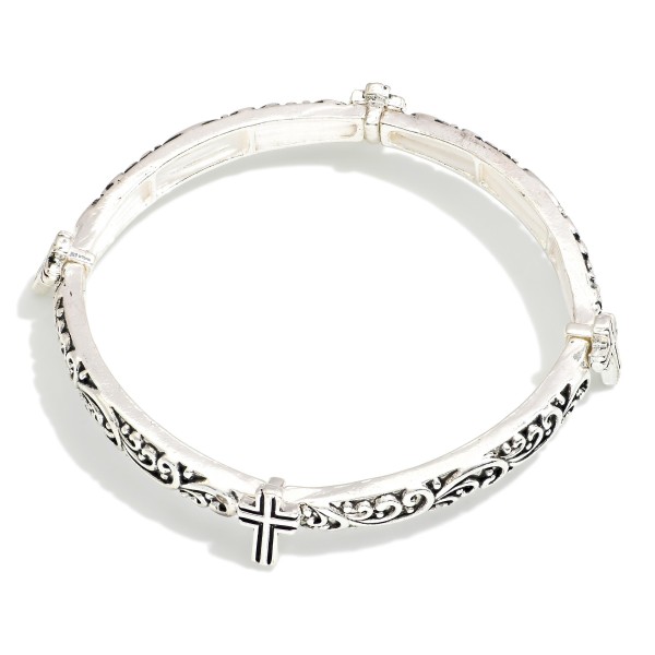 Metal Tone Filigree Bangle Stretch Bracelet Featuring Cross Details 

- Approximately 2.5" D