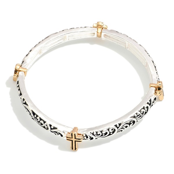 Metal Tone Filigree Bangle Stretch Bracelet Featuring Cross Details 

- Approximately 2.5" D