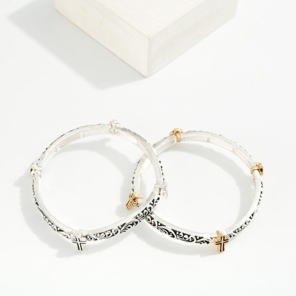 Metal Tone Filigree Bangle Stretch Bracelet Featuring Cross Details 

- Approximately 2.5" D