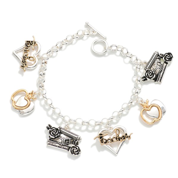 Chain Link Charm Bracelet Featuring Metal Tone Teacher Charms 

- Approximately 3" D