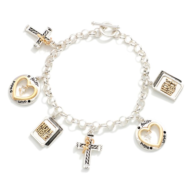 Chain Link Bracelet Featuring Cross & Bible Charms

- Approximately 3" D 