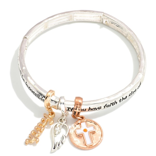 Metal Tone Bangle Stretch Bracelet Featuring Cross, Faith, & Angel Wing Charms 

- Approximately 2.5" D