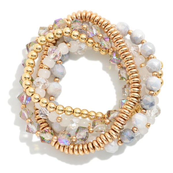 Set Of Five Beaded Stretch Bracelets Featuring Metal Tones & Faceted Beads 

- Approximately 3" D