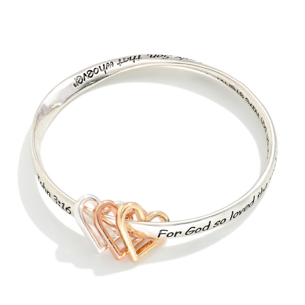 "John 3:16" Engraved Metal Tone Bangle Bracelet Featuring Heart Accents

- Approximately 2.5" D 