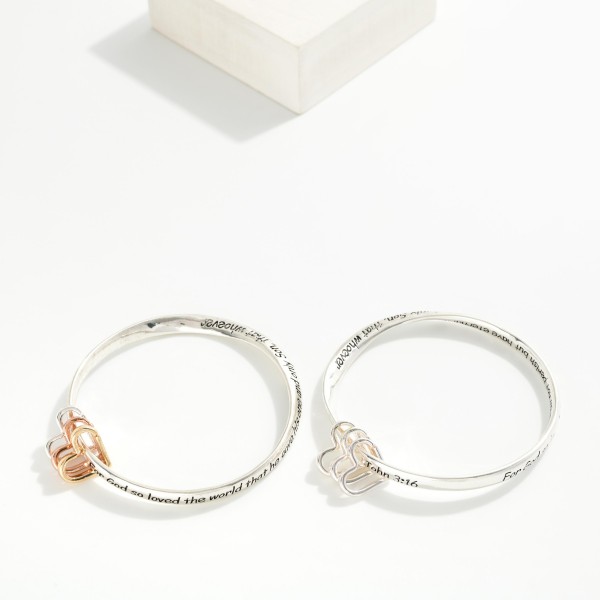 "John 3:16" Engraved Metal Tone Bangle Bracelet Featuring Heart Accents

- Approximately 2.5" D 