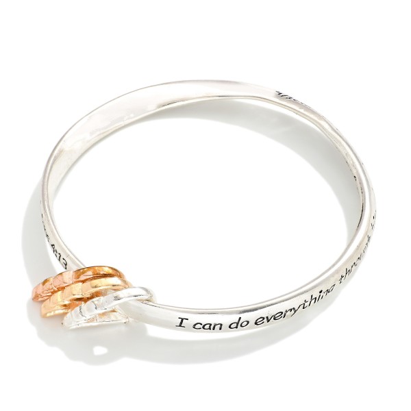"Philippians 4:13" Engraved Metal Tone Bangle Bracelet Featuring Angle Wing Accents

- Approximately 2.5" D 