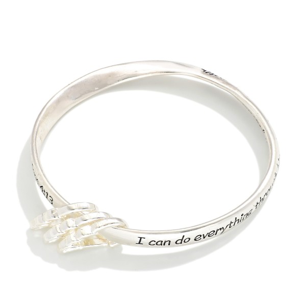 "Philippians 4:13" Engraved Metal Tone Bangle Bracelet Featuring Angle Wing Accents

- Approximately 2.5" D 