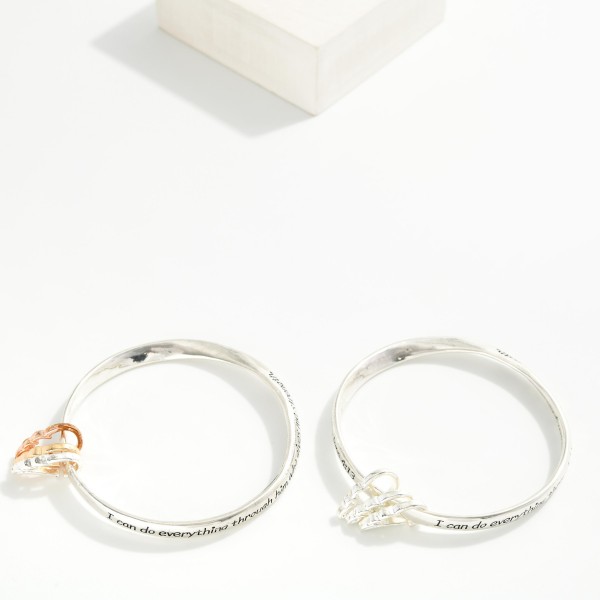 "Philippians 4:13" Engraved Metal Tone Bangle Bracelet Featuring Angle Wing Accents

- Approximately 2.5" D 