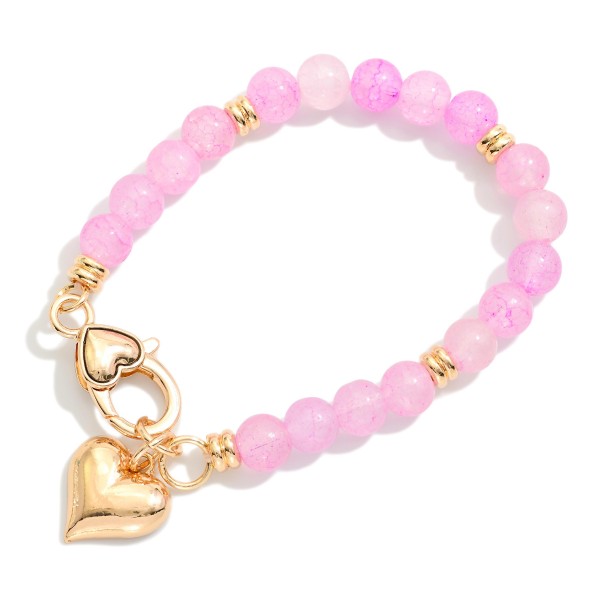 Marble Stone Beaded Stretch Bracelet Featuring Metall Tone Puffy Heart Charm 