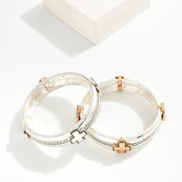Hammered Metal Stretch Bangle Bracelet Featuring Plus Cross Accents 

- Approximately 2.5" D