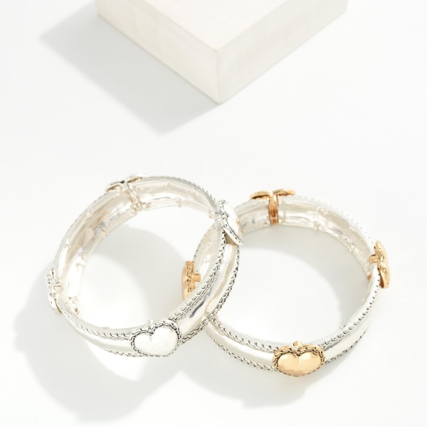 Hammered Metal Stretch Bangle Bracelet Featuring Heart Accents 

- Approximately 2.5" D