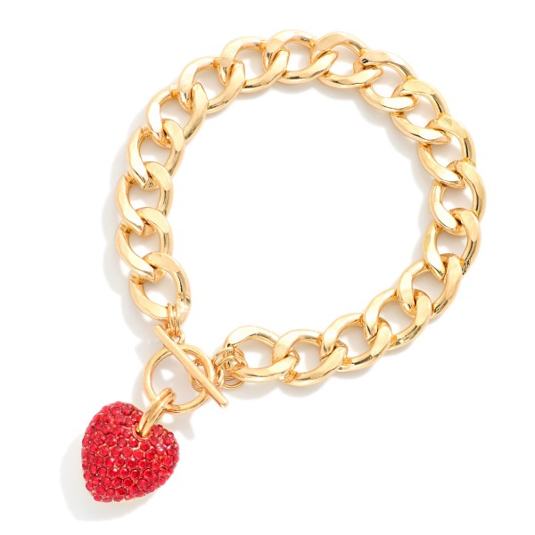 Chain Link Bracelet Featuring Pave Rhinestone Heart Charm & Toggle Clasp 

- Approximately 3" D