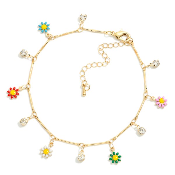 Chain Link Anklet Featuring Flower Charms & Rhinestones

- Approximately 3.5" D 