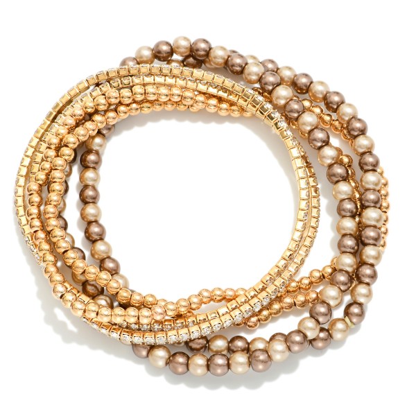Set Of Six Beaded Stretch Bracelets Featuring Metal Tones & Rhinestones 

- Approximately 2.5" D